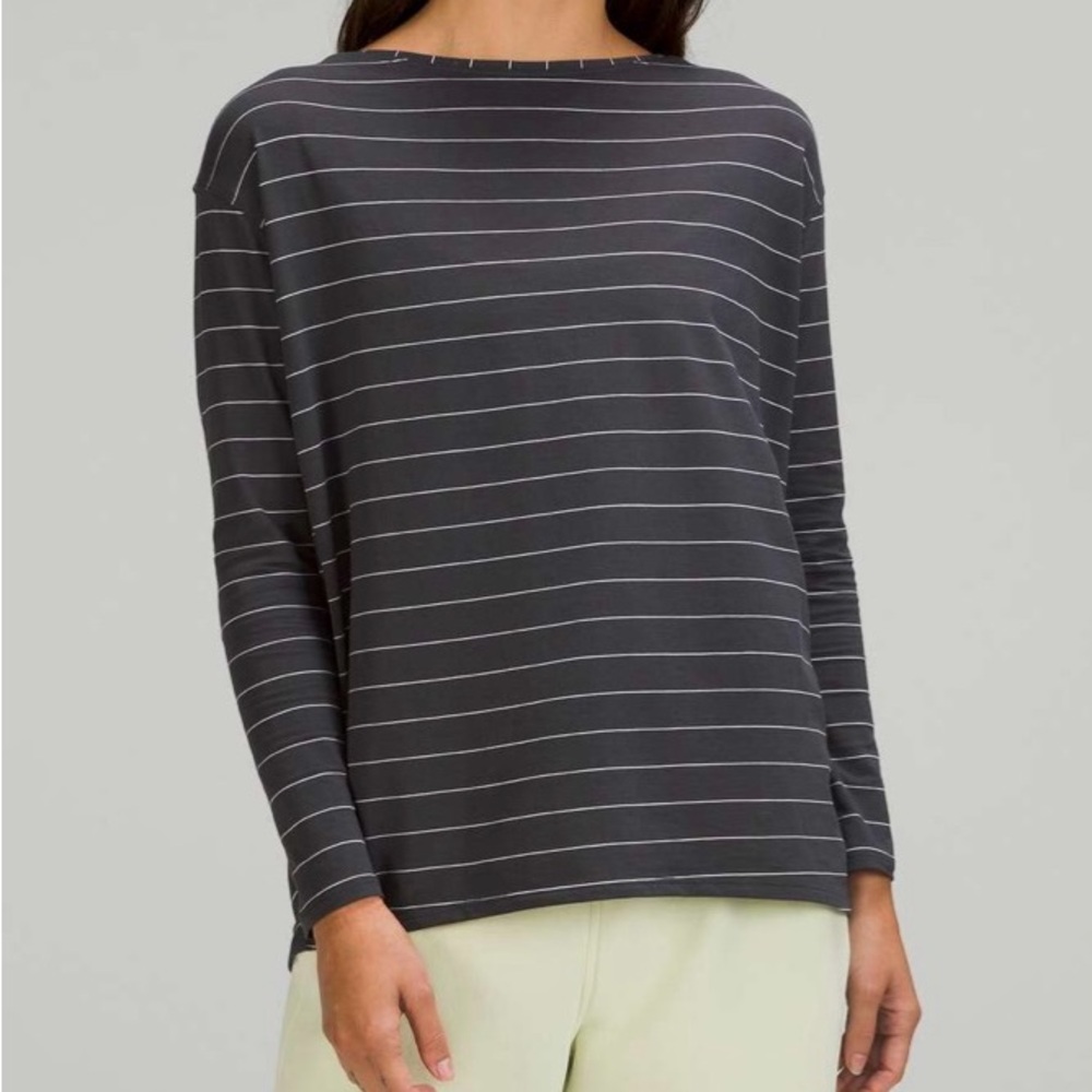 Lululemon Back in Action Long Sleeve Shirt Short Serve Stripe Grey White